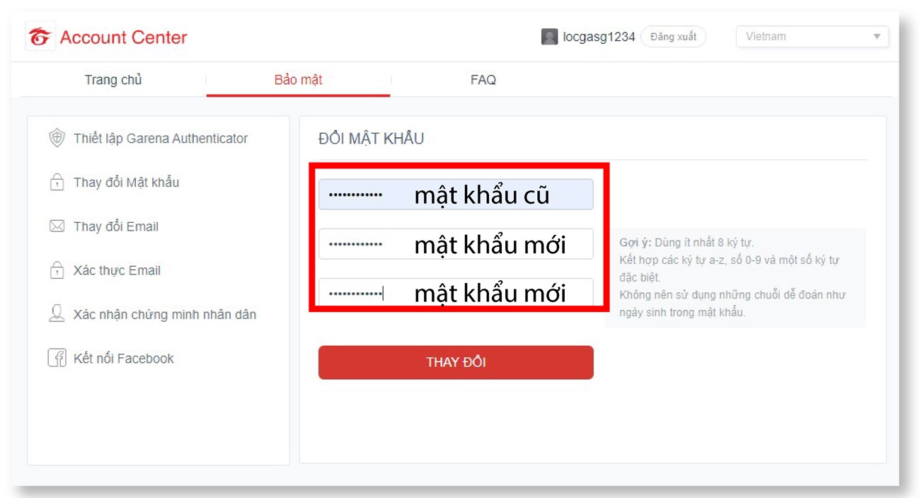 đổi mật khẩu garena bằng điện thoại